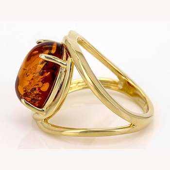 Amber Open Design Solitaire Ring In 18K Gold Over Sterling Silver