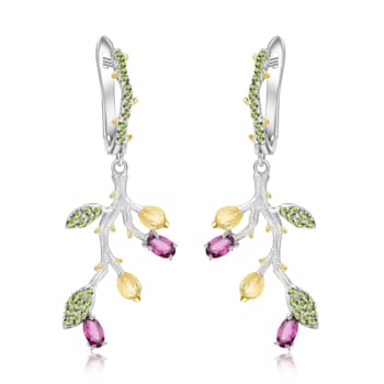 Rhodolite and Green Nanocrystal Rhodium Over Sterling Silver Leaf Earrings