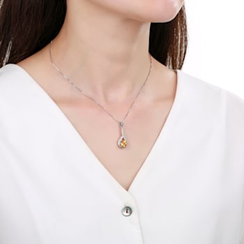 Round Citrine and White Sapphire Sterling Silver Pendant With Chain