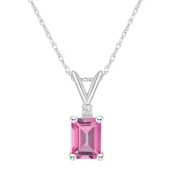 7x5mm Emerald Cut Pink Topaz with Diamond Accent 14k White Gold Pendant
With Chain