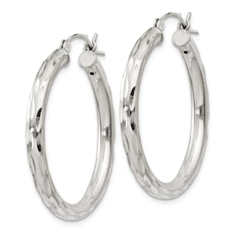 Sterling Silver Diamond-cut Satin 3x30mm Hoop Earrings