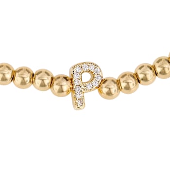 Initial P CZ Beaded Bracelet Set In 14K Gold Over Brass 0.12ctw