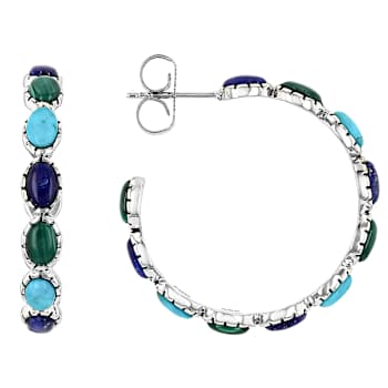 Blue Turquoise, Lapis Lazuli And Malachite Hoop Earrings In Silver 5x3.5mm