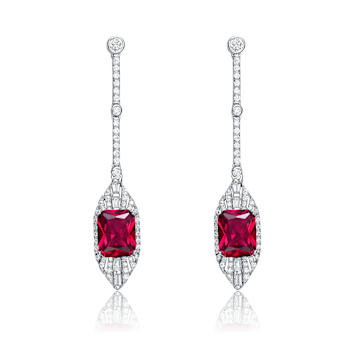 Ruby Color CZ Square Drop Earrings In Sterling Silver