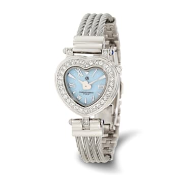Charles Hubert Stainless Steel Bangle Light Blue MOP Heart Dial Watch