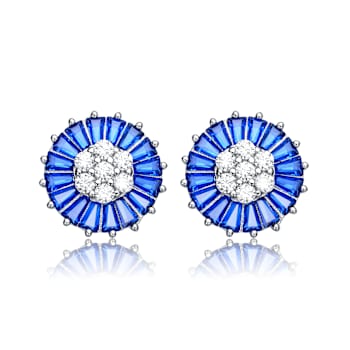 Sapphire Color CZ Halo Stud Earrings In Sterling Silver