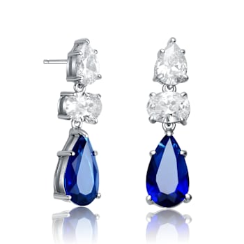 Sapphire Color CZ Drop Earrings In Sterling Silver