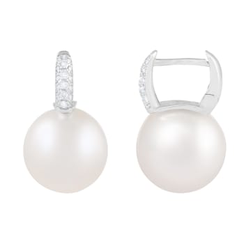 12-13mm White South Sea pearl earrings in 14k white gold with .17CT DTW