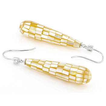 Golden Mother-Of-Pearl And CZ Dangle Earrings In Sterling Silver
