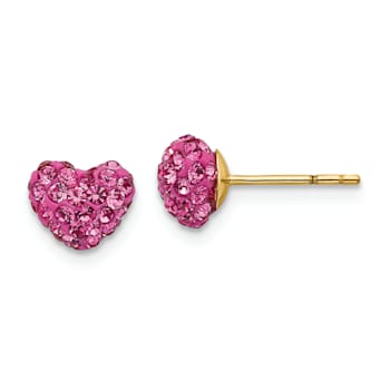 14K Yellow Gold 7mm Children's Pink Crystals Heart Stud Earrings