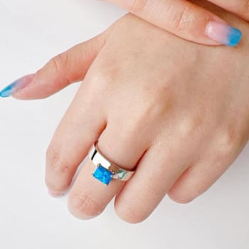Lab Created Blue Opal Rhodium Over Sterling Silver Offset Ring Blue Opal Ring