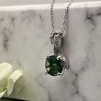 Green Moss Agate with Cubic Zirconia Accents Rhodium Over Sterling
Silver Necklace
