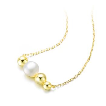 Freshwater Pearl And Gold Bead Bar Necklace In 14K Gold Over Sterling Silver