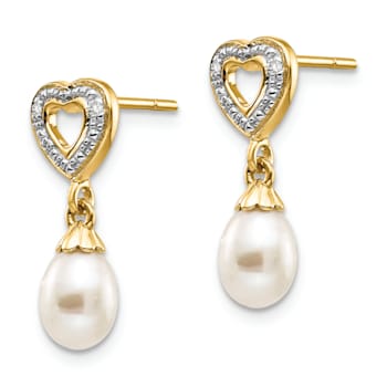 14K Yellow Gold 7x5mm Teardrop Freshwater Cultured Pearl 0.01ct Heart
Diamond Dangle Earrings