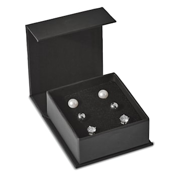 Rhodium Over Sterling Silver Ball/ 6-7mm Button Freshwater Cultured
Pearl/CZ Stud Ear Set