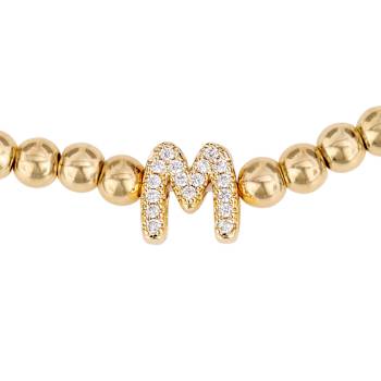 Initial M CZ Beaded Bracelet Set In 14K Gold Over Brass 0.17ctw