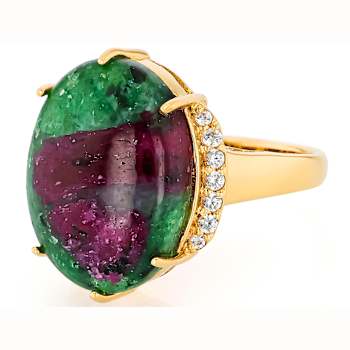 Ruby Zoisite Oval And White Zircon Ring In 18K Gold Over Sterling Silver 0.19ctw