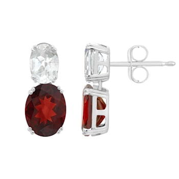 9x7mm Oval Garnet And White Topaz Rhodium Over Sterling Silver Earrings