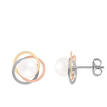 White Cultured Akoya Pearl 14k Yellow and White and Rose Gold Earrings 6.5-7mm