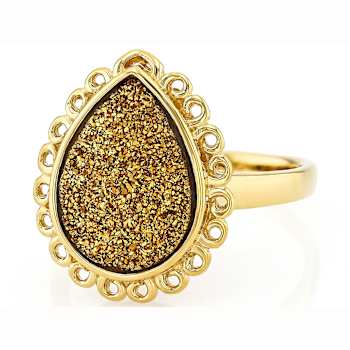 Golden Druzy Quartz Pear Solitaire Ring In 18K Gold Over Sterling Silver 3.61ct