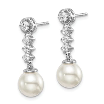 Rhodium Over 14K White Gold Freshwater Cultured Pearl and Diamond Post Earrings