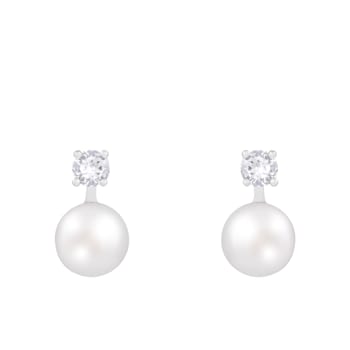 7½-8mm White Cultured Freshwater Pearl and Cubic Zirconia Rhodium Over
Sterling Silver Earrings