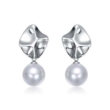 Abstract Pearl Simulant Drop Earrings In White Rhodium Over Brass