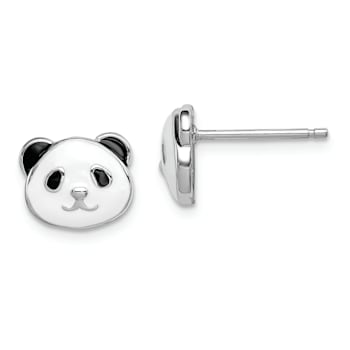 Rhodium Over Sterling Silver Enamel Panda Child's Post Earrings