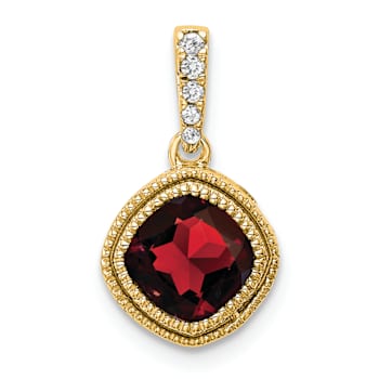 10k Yellow Gold Beaded 0.73 cttw Cushion Garnet and 0.21 cttw Diamond Pendant