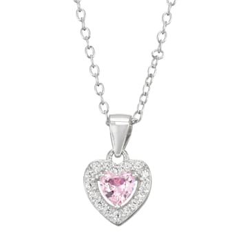 Pink And White Cubic Zirconia Rhodium Over Silver Children's Heart
Pendant With Chain 0.49ctw
