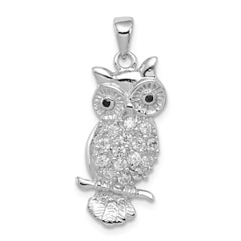 Rhodium Over Sterling Silver Cubic Zirconia Owl Pendant