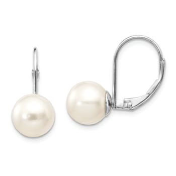 Rhodium Over 14K White Gold 8-9mm Round Freshwater Cultured Pearl
Leverback Earrings