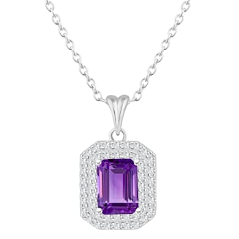 8x6mm Emerald Cut Amethyst And White Topaz Rhodium Over Sterling Silver
Double Halo Pendant w/Chain