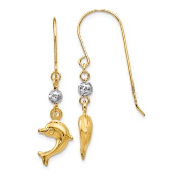 14k Two-tone Gold Puffed Dolphin Dangle Earrings