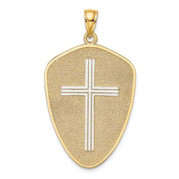 Rhodium Over 14K Two-tone Gold Cross Shield with Joshua 1:9 On Reverse
Charm Pendant