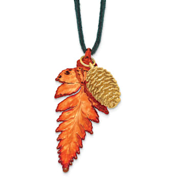 Iridescent Copper Fern Leaf and 24k Yellow Gold Dipped Pine Cone 20 Inch Necklace