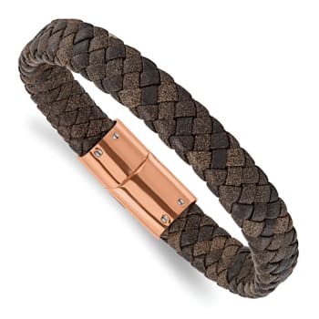 Brown Braided Leather and Stainless Steel Polished Rose IP Plated
8.5-inch Bracelet