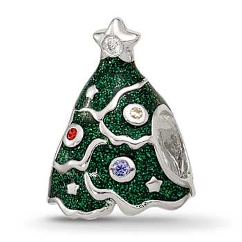 Sterling Silver Enamel Cubic Zirconia Christmas Tree Bead