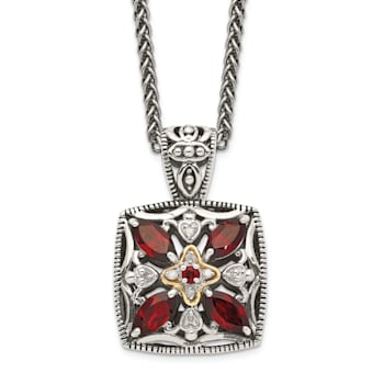 Sterling Silver Antiqued with 14K Accent Diamond and Garnet Necklace