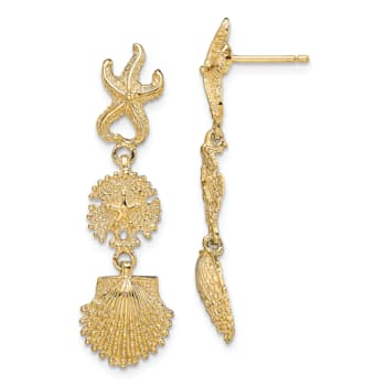 14k Yellow Gold Textured Starfish, Sand Dollar and Scallop Shell Dangle Earrings