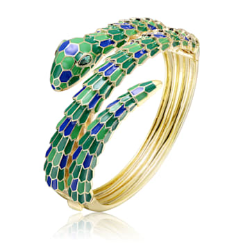 Emerald Cubic Zirconia, 14k Gold Plated over Brass Green Enamel 3D
Serpent Coiled Bypass Bracelet