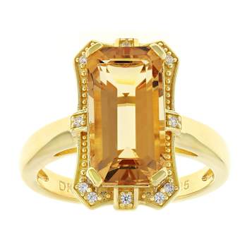 Champagne Quartz Rectangular Octagonal And White Zircon Ring In 18K Gold
Over Sterling Silver 3.93ctw