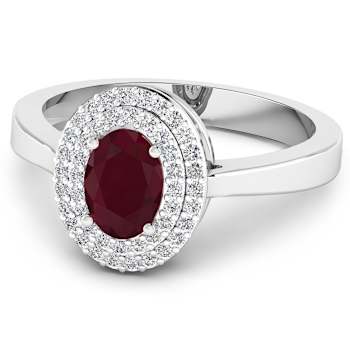 1.11ctw Red Ruby and Diamond 14K White Gold Halo Ring