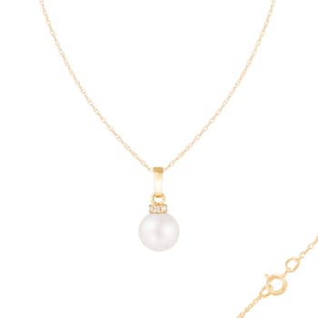 White Cultured Freshwater Pearl and Diamond 14K Yellow Gold Pendant 8-8.5mm