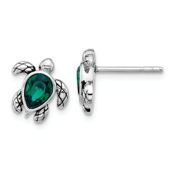 Rhodium Over Sterling Silver Antiqued Crystal May Birthstone Turtle Earrings