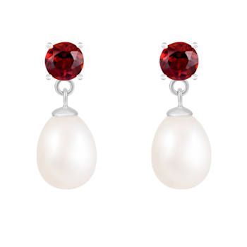 7.5-8mm White Cultured Freshwater Pearl and Garnet Rhodium Over Sterling
Silver Earrings