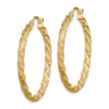 14k Yellow Gold 1 5/16" Twisted Satin and Diamond-Cut Hoop Earrings