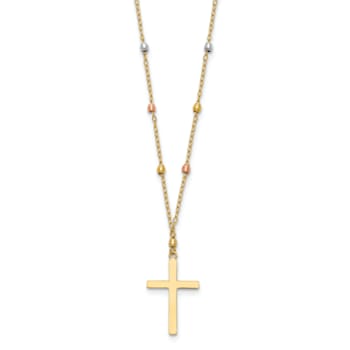 14K Yellow, White and Rose Gold Diamond-cut Beaded Cross Necklace