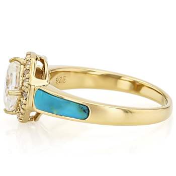 Diamond Simulant Asscher, Composite Turquoise And White Zircon Ring In
18K Gold Over Sterling Silver 2.04ctw
