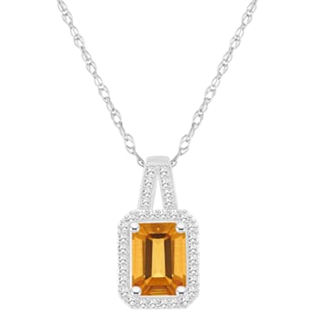 8x6mm Emerald Cut Citrine 1/6 ctw Diamond Rhodium Over Sterling Silver
Halo Pendant with Chain
